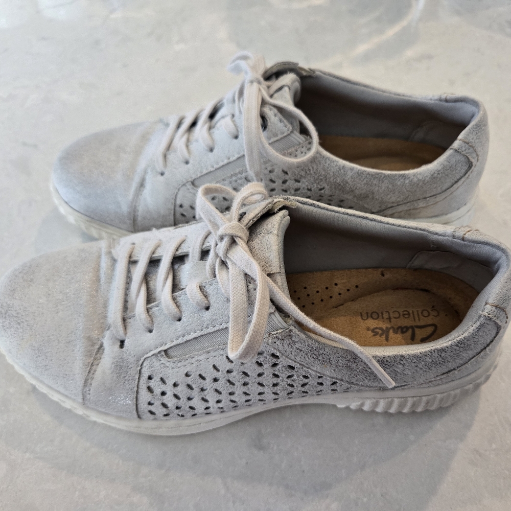 Clarks Silver and White Lace-Up Leather Sneakers
